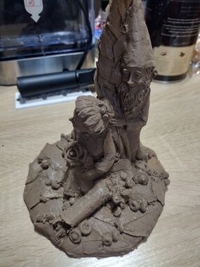 Brown Whimsical Garden Gnome Couple Sculpture - Decorative Home Art
